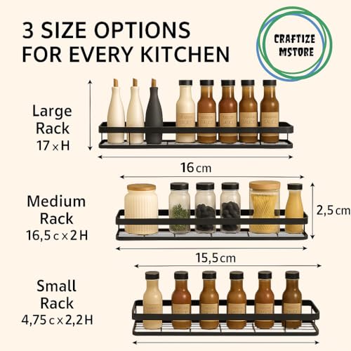 Image of Craftize Mstore Wall-Mounted Spice Rack Organizer Pack of 3 - Black Iron Kitchen Hanging Shelf with 5 S-Hooks for Utensils - Sizes 17 inch, 16 inch & 15 inch Inches (Three Different Sizes)
