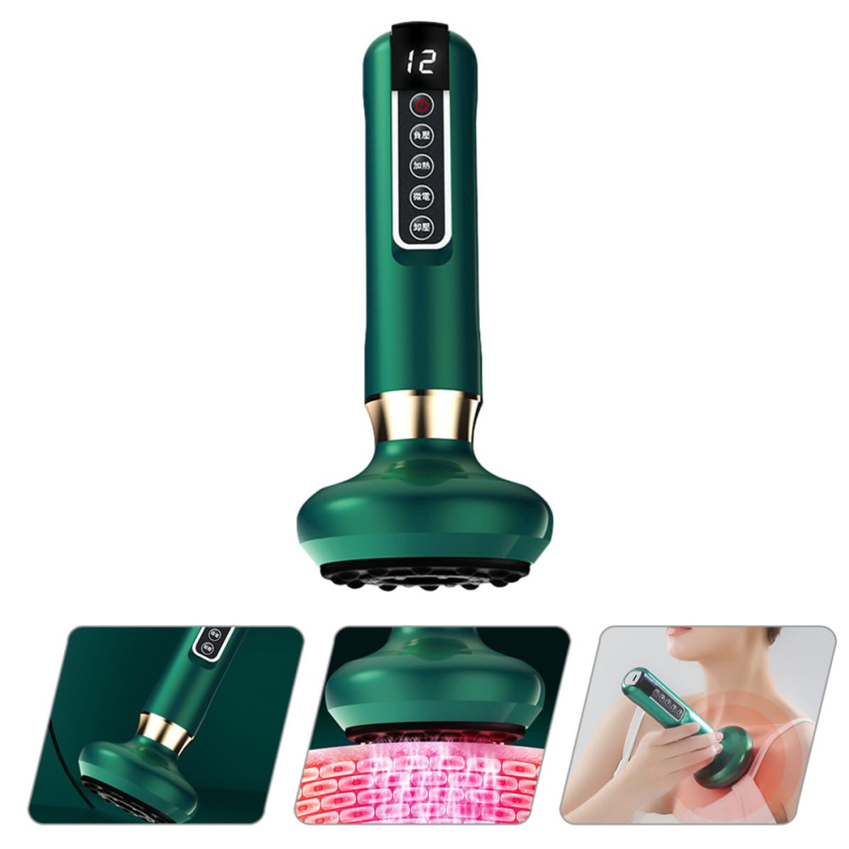 Masajeador Corporal Eléctrico de Raspado Verde Abs 12 Niveles | Potencia de Succión y Temperatura Ajustables, Función de Masaje Meridiano Multifunción, Uso Sencillo