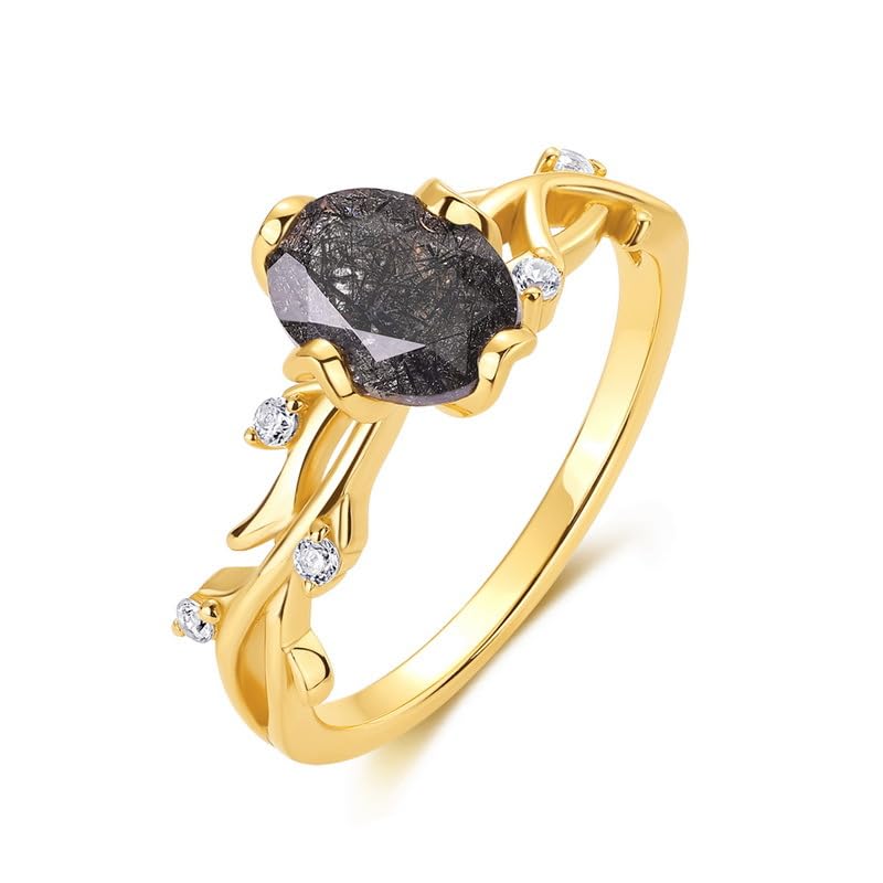 Natural Black Rutilated Quartz Ring for Women: 925 Sterling Silver 1.5CT Oval Cut Art Deco Leaf Vines Gemstone Engagement Rings, Bridal Promise for Her2