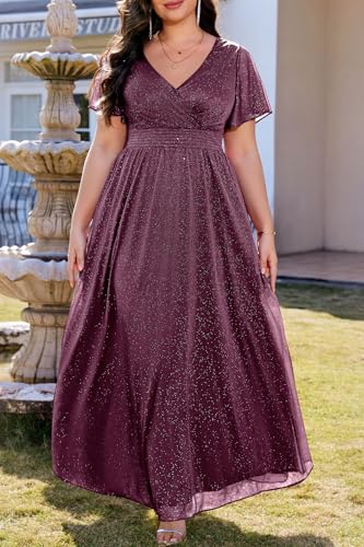 Image of Talisea Plus Size Formal Dresses - V Neck Flutter Sleeve Glitter Prom Evening Gowns Wedding Guest Chiffon Long Maxi Dress