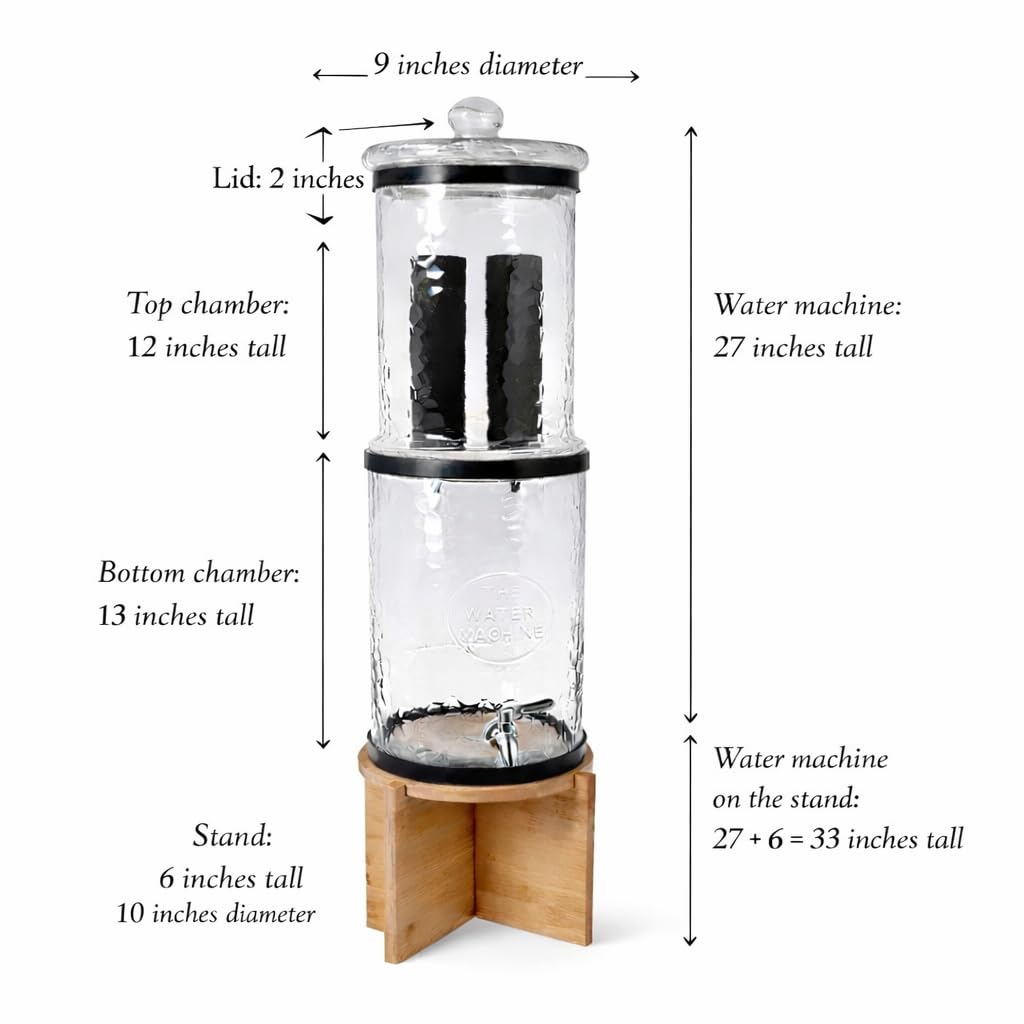 The Water Machine All Glass Purifier - Gravity Fed Water Filtration System with Activated Carbon Filters, Off Grid Emergency & Home Survival Portable Countertop Filter with Wooden Stand - 3 Gallon - Image 8