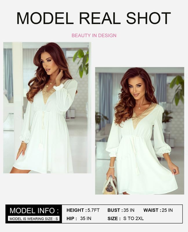 Dokotoo Womens V Neck Dresses Lantern Long Sleeve Lace Trim Midi Dress Tassel Belt Shirt Dress - Image 5