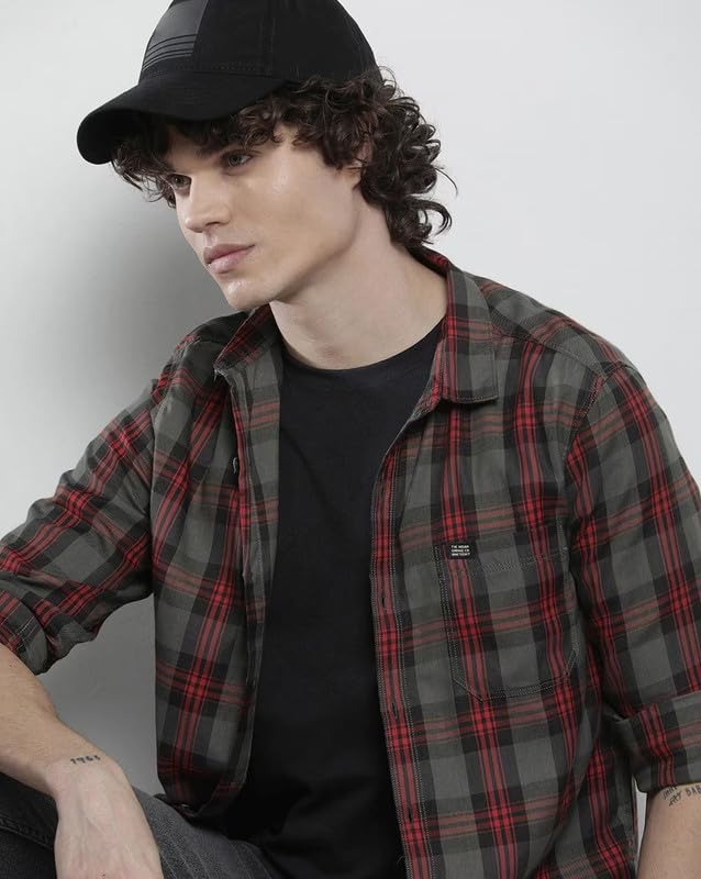 Image of Men's Cotton Casual Checked Classic Collar Slim Fit Shirt