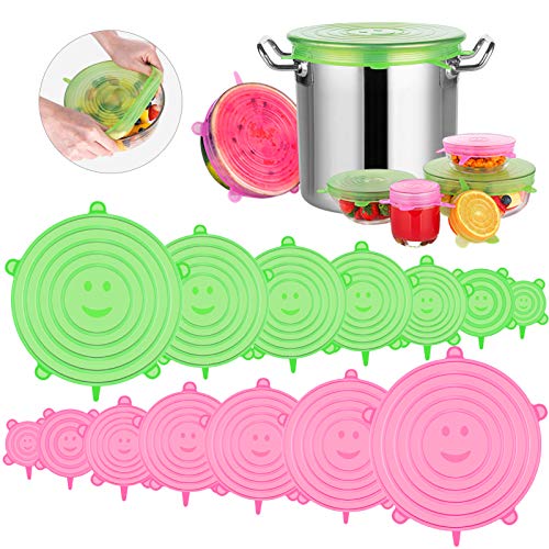 Modohe Tapas de Silicona Elásticas, 14 Tapas Silicona Ajustables Cocina, Reutilizable Fundas Protectoras para Alimentos Tapa Tazas, Boles o Tarros,Tapa del tazón, Lavavajillas, Microonda, Sin BPA