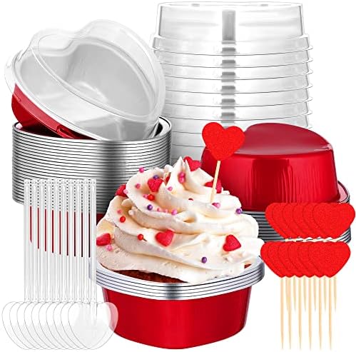 Shojoy 30 Pack Valentine's Day Cake Pans with Lids Disposable Aluminum Foil Heart Shaped Cupcake Baking Pans with Spoons Cupcake Topper for Valentine's Day Mother's Day Party Supplies, Red