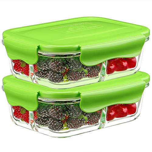 [2-Pezzi,1040ML] Besthouse Contenitori per Alimenti Vetro con 3 Scomparti, Contenitori di magazzinaggio alimentare, Privi di BPA, Utillizabili nel Microonde, Forno, Freezer e Lavabili in Lavastoviglie