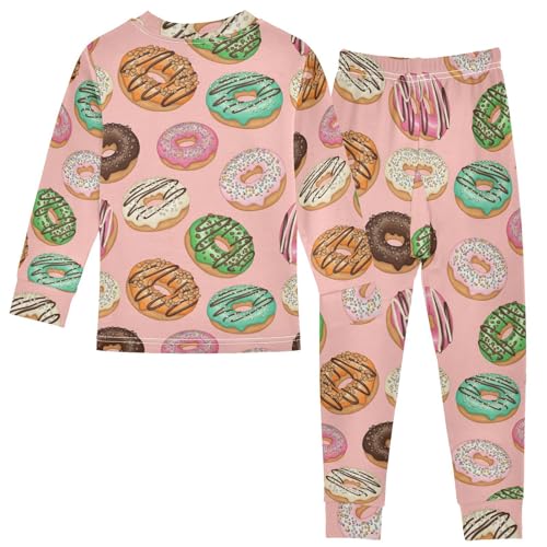 Pajama Sets Long Sleeve Colorful Donuts Pink Background Soft Comfy Sleepwear 2 Piece PJS 3-8T3