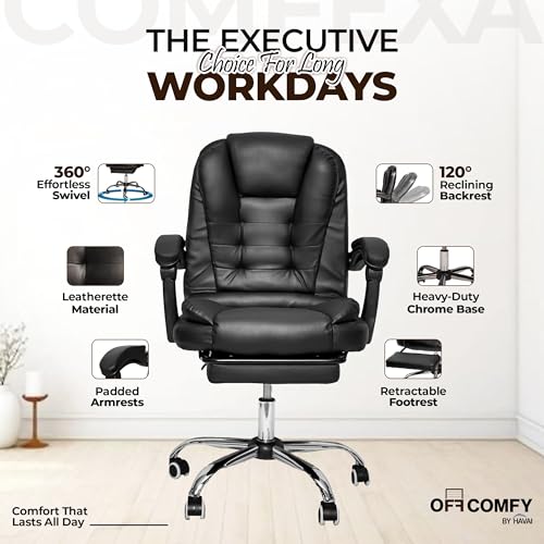 Image of HAVAI Comfexa Executive Office Chair | Premium Recliner Chair with Footrest | Ergonomic High Back Cushion | PVC Leather Finish | Reclining & Folding Mechanism | Class 2 Gas Lift | Nylon Base | Black