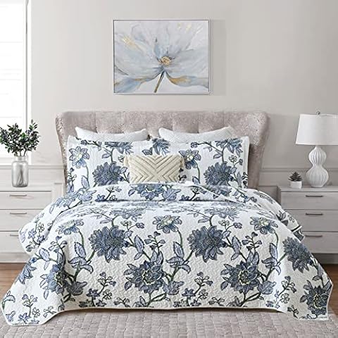 Finlonte Quilts Queen Size, 100% Cotton Paisley Flower Quilt Set, Floral Bedspread Queen Size Quilt, Lightweight Reversible Soft Quilt Bedding Set 3 Pieces Cover