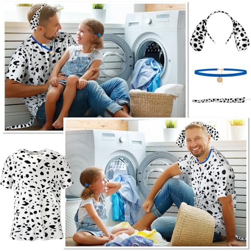 Toulite 4 peças de fantasia de cachorro dálmata para adultos, inclui camisa de couro, orelhas de cac