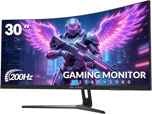 CRUA 30 Inch Curved Gaming Monitor, Ultra-Wide WFHD 2560×1080, 200Hz/144Hz, 0.5ms, 1500R VA Panel, 120% sRGB, AMD FreeSync, HDMI & DP, Wall Mountable, Eye Care, PC Monitor for Gaming & Office - Black