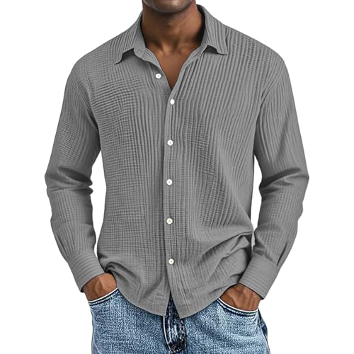 Camisa de algodón texturizado para hombre, manga larga, con botones, ajuste casual sin meter, ambiente hawaiano de playa, camiseta versátil para vacaciones y días de otoño, gris, L