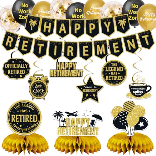 25Pcs Retirement Party Decorations for Men Women, Black Gold Happy Retirement Banner Balloons Party Supplies, The Legend Has Retired Farewell Theme Honeycomb Centerpiece Swirl Decor