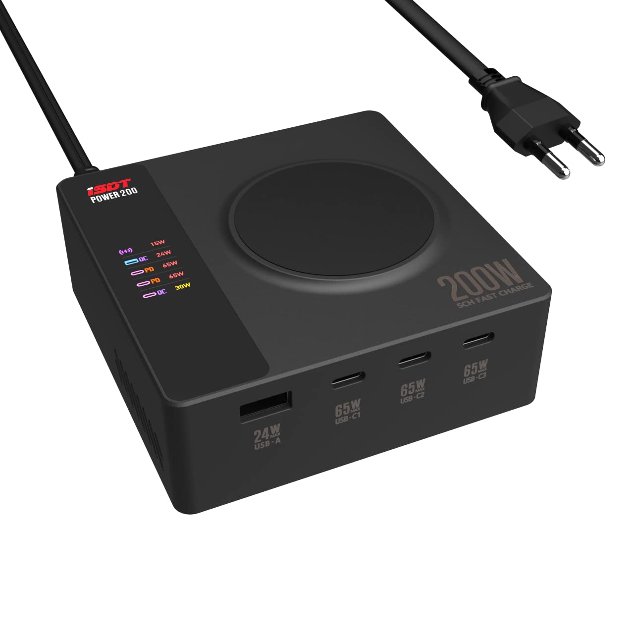 ISDT Power 200 Serie USB C-oplader, 200 W mobiele telefoon oplader met 4 USB 1 draadloze oplader, app-verbinding LCD-display, PD 3.1, snelle oplader, compatibel met iPhone, iPad, MacBook enz. (Power