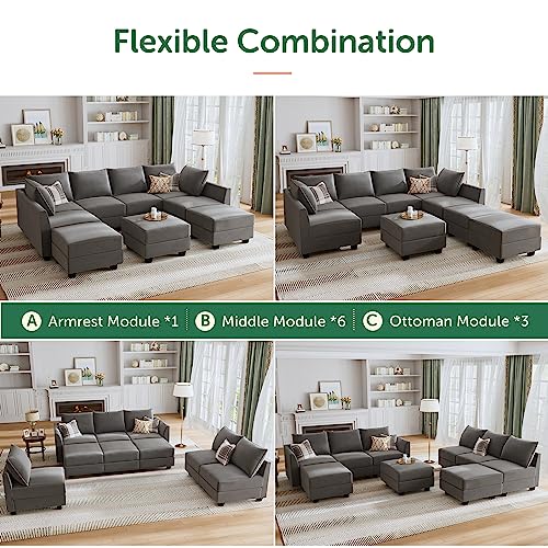 Honbay Modular Sectional Sofa Set Oversized U Shaped Couch With Storage Ottoman Convertible Sleeper Sectional Sofa Velvet Modular Couch With Wide Chaise, Grey #TOP2