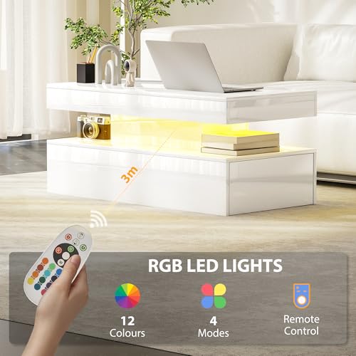 HOMCOM LED Coffee Table with Storage, Modern High Gloss Living Room Table with 2 Drawers, Open Shelf and Remote Control, White - Image 4