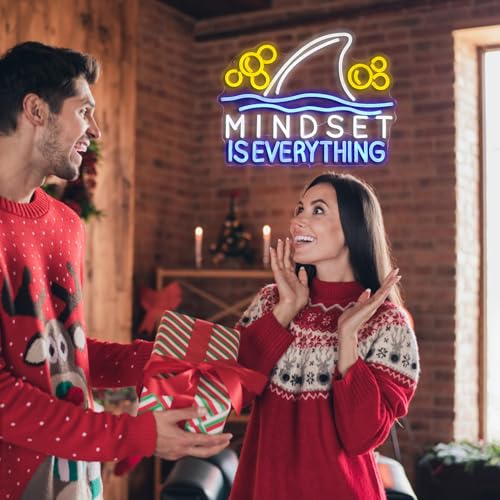 Image of Mindset is Everything Neon Sign Led Fish Shark Neon Light Up Sign Dimmable Inspirational Neon Wall Decor sign for Classroom Office Bedroom School 16.5 * 12.6 IN