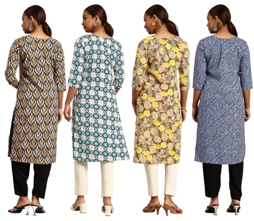 Image of JAKHANA Women's Crepe Printed Casual Straight Calf Length Round Nick Kurta Pack of 4