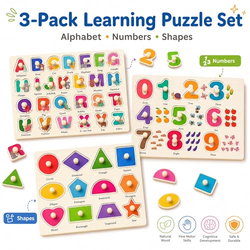 Image of Wooden Peg Puzzles for Toddlers, 3 Pack Large Wooden Knob Puzzles for Ages 3-5, Montessori Shape Matching Toys, Preschool Learning Puzzles for Fine Motor Skills, Birthday Gifts for Boys Girls 3 4 5