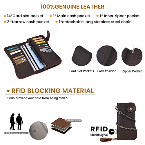 JOYIR Vintage Brown Crazy Horse Leather Wallet for Men with Detachable Chain, RFID Blocking Biker Long Wallet Holds Phone, Cash & 14+ Cards, Retro Motorcycle Rfid Wallet3