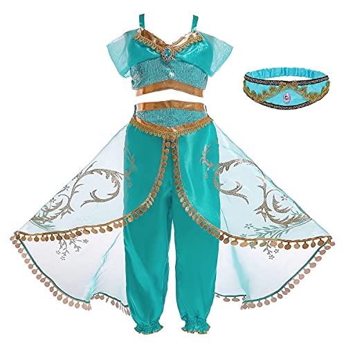 Eleasica Fille Aladdin Jasmine Princesse Cosplay Costumes 2pcs Ensembles Pantalons Conte de Fée Déguisement Bleu Respirant Halloween Noël Anniversaire...