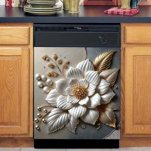 Image of BVBOX Dishwasher Magnet Cover 23 inchx26 inch, Reusable Magnetic Refrigerator Covers, Dishwasher Magnets Decorative Cover Fridge Door Skin Panel Stickers for Home Kitchen Appliance,Metal Embossed Flowers