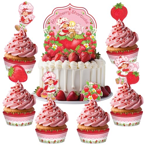 Treasures Gifted Officially Licensed Strawberry Shortcake Cake Decorations - 1 Strawberry Shortcake Cake Topper, 24 Cupcake Toppers & Cupcake Wrappers - Baby Shower Supplies - Birthday Party Décor