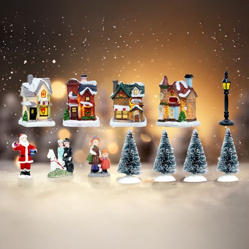 Conjunto de Vila de Natal de LED, Conjunto de 12 Peças de Casas de Vila de Natal, Decoração de Natal,Conjunto de Acessórios de Natal de Mini Árvores de Natal, Coleção de Vila Natalina