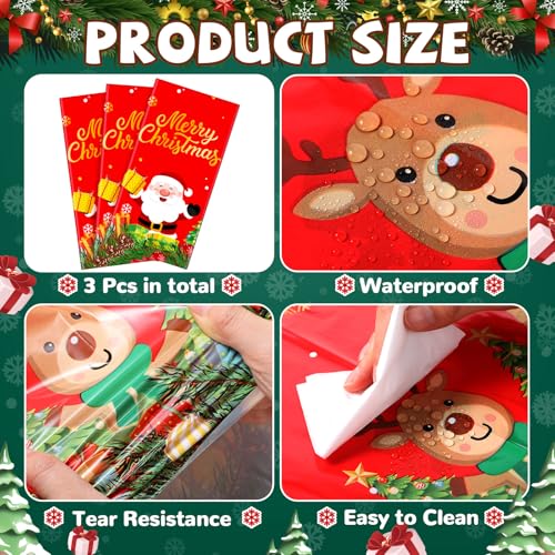 Tenceur 3 Pcs Merry Christmas Tablecloth 54x108 Inch Plastic Santa Snowman Reindeer Tablecovers Disposable Red Tablecloth for Christmas Winter Holiday New Year Birthday Party Supplies Decor – Image 3