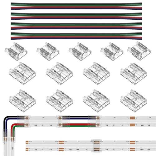 TOKERU 10mm 4-Pin COB LED Strip Connector Kit - Solderless Seamless Connection for RGB LED Strips Includes 5 Strip-to-Strip and 8 Wire-to-Strip Connectors Plus 4X 15cm 22AWG Extension Wires