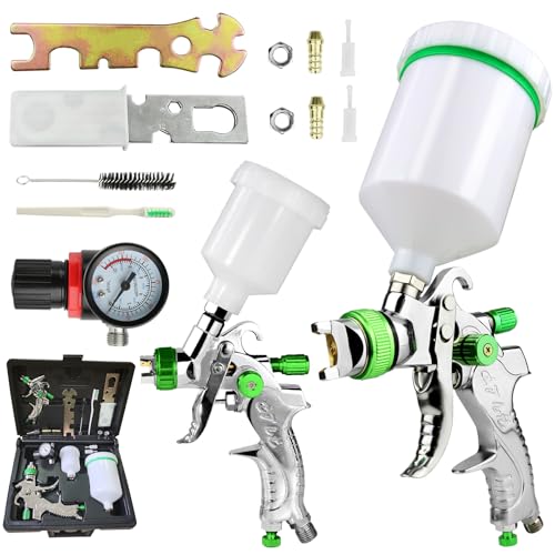 Image of HVLP Spray Gun Kit with 0.8mm and 1.0mm Nozzles, Professional Paint Sprayer Set with Pressure Gauge, 125ml and 600ml Cups Painting Tool Set for Auto, Furniture, Wood Finishing