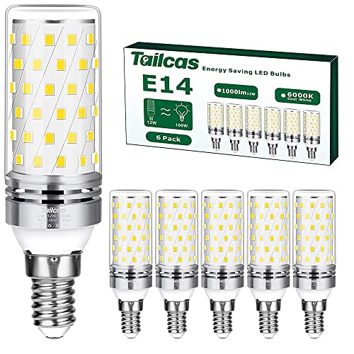Tailcas E14 LED Kaltweiß Birne, 6000K 1000LM 12W E14 Lampe, Ersatz für 100W Glühlampe, Nicht Dimmbar Kein Flackern Energiesparlampe, AC 220-240V Kleine Edison-Schraube Kerze Leuchtmittel (6er-Pack)