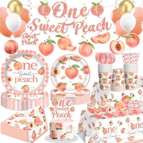 Xynic 205pcs One Sweet Peach Birthday Decorations Complete Tableware Set for 25 Guests One Sweet Peach 1st Birthday Decorations Girl Includes Banner Plates Napkins Balloons Caketopper Tablecloths
