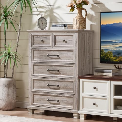 SAVOR LIFE Farmhouse 6 Drawer Dresser for Bedroom, 45 Inch Tall Vintage Wood Chest of Drawers, Rustic Dressers w/Square Wooden Legs, Mid-Century Storage Organizer for Living Room, Hallway, Grey