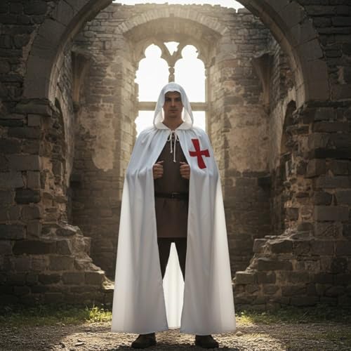 Cape de templier blanche à capuche pour soirée Halloween et cosplay médiéval - 5