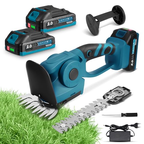 Yofidra Heckenschere & Grasschere, Elektrische Grasschere mit 2 x Messern, 21V Rasentrimmer mit Akku 2 in 1 Heckenschere Elektrische 90°...