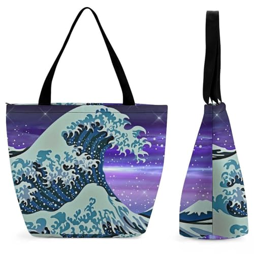 Sac de shopping vagues japonaises grand format 32cm de hauteur pour voyage