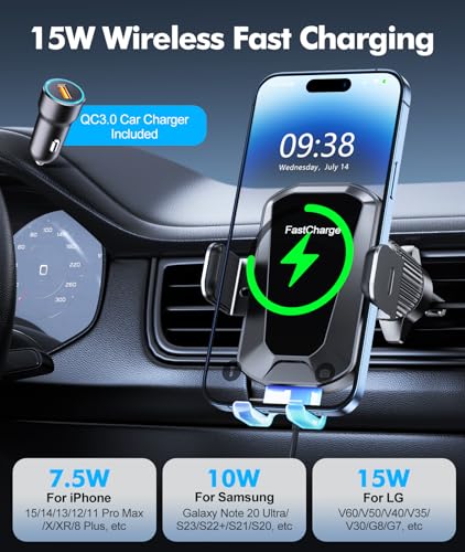 EOIWUY Car Phone Holder Wireless Charger, Auto Clamping 15W Fast Wireless Car Charger - Image 3