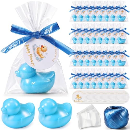 Leelosp Duck Soap Party Favors Gift with Transparent Bags and Thanks Tag for Baby Shower Guest Reveal Baptism Shower Wedding Birthday Summer Party Favor Decorations Supplies(50 Sets,Blue)
