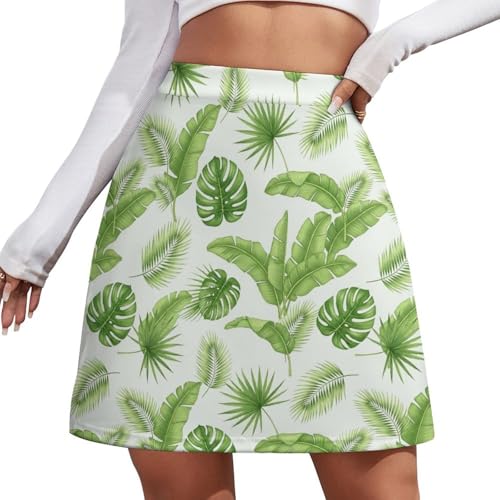 Women's Fashion A-Line Skirt, Adult Stretchy All-Day Comfort Short Skirts Lightweight Skorts for Spring, Summer, Fall, Winter, Tropical Plants Green Palm Leaves Rainforest, (S)