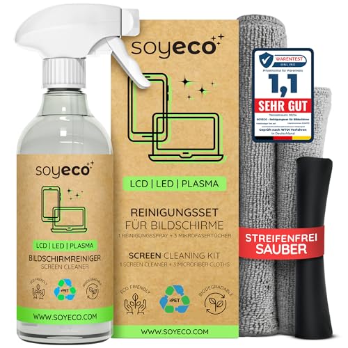 500 ml sprayu do czyszczenia ekranu + 3x ściereczka z mikrofibry | płyn czyszczący | do smartfonów, laptopów, tabletów, telewizorów, LCD/TFT, LED, OLED, monitorów, zegarków | bez rozmazywania