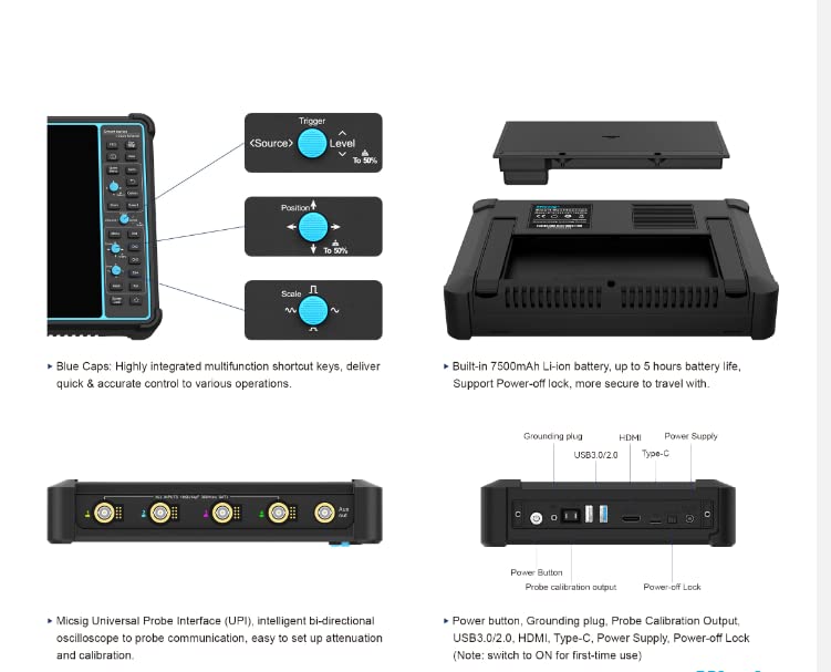 Diagram showing the compact dimensions of the Micsig STO1004 Tablet Oscilloscope: 265mm length, 192mm width, 50mm thickness, and an 8-inch display.