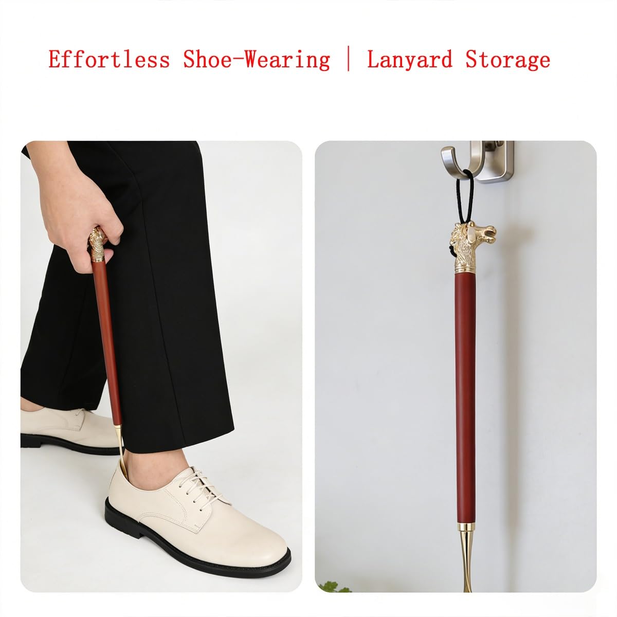 Calzador de aleación Zinc con Forma Caballo – Sin Necesidad agacharse,Ayuda para Calzado Madera Natural Duradera, Borde Liso, Set en Caja Regalo Mango Largo para Personas Mayores,(27.6in)