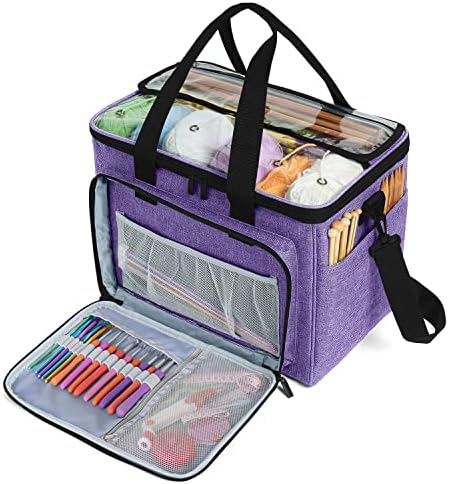Teamoy Knitting Bag, Yarn Tote Organizer with Inner Divider (Sewn to Bottom) for Crochet Hooks, Knitting Needles(Up to 14”), Project and Supplies, Purple -No Accessories Included