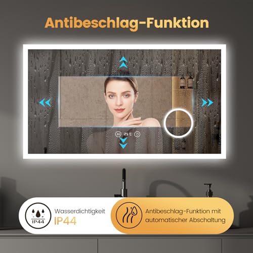 YOLEO Badspiegel mit Beleuchtung, LED Spiegel mit Uhr, Temperatur, 3-Fach Vergrößerung, Wandspiegel mit Steckdose, Badezimmerspiegel LED Beschlagfrei, 3 einstellbare Lichtfarbe, 100x60cm 6