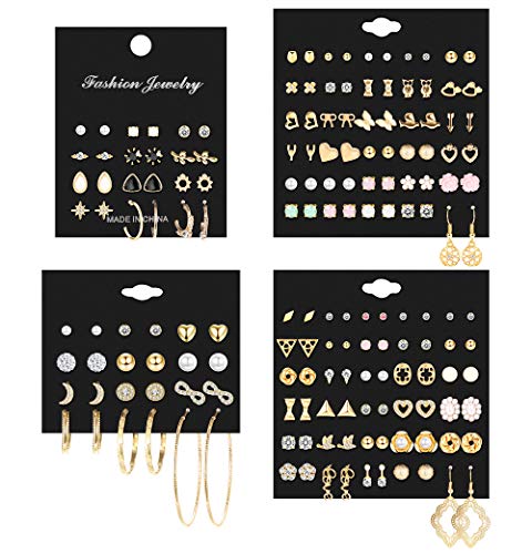 Sailimue 84 Pairs Assorted Multiple Stud Earrings Hoop Set Dangle Cute Hypoallergenic Cz Bow Butterfly Flower Leaf Ball Simple Drop Earrings Stud For Women Pack #TOP1