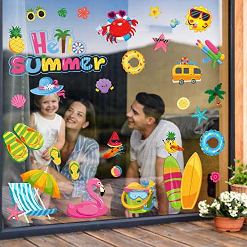 129Pcs Hello Summer Window Clings Stickers Hawaiian Luau Beach Double-Sided Window Art Seasons Decals For Tropical Summer Pool Party Baby Shower School Home Office Accessories Party Supplies Gifts, 9 Sheets(Summer) #TOP4