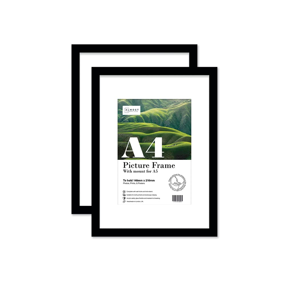 Almost Frameless A4 Black Picture Frame Set of 2, Display A5 Pictures with Mount or A5 Without Mount Gallery Wall, Poster, Photo, Artwork, or Print, Black
