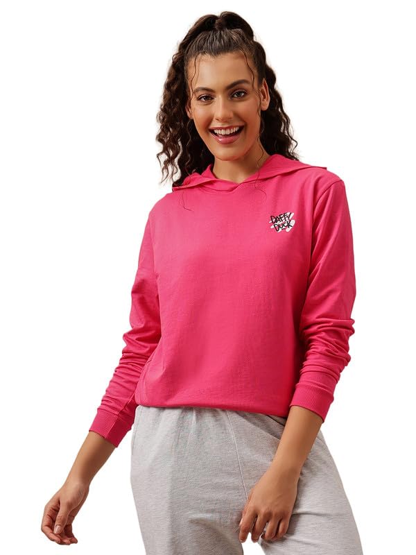 Image of Clovia Women's Terry Cotton Sweatshirt with Hoodie in Pink