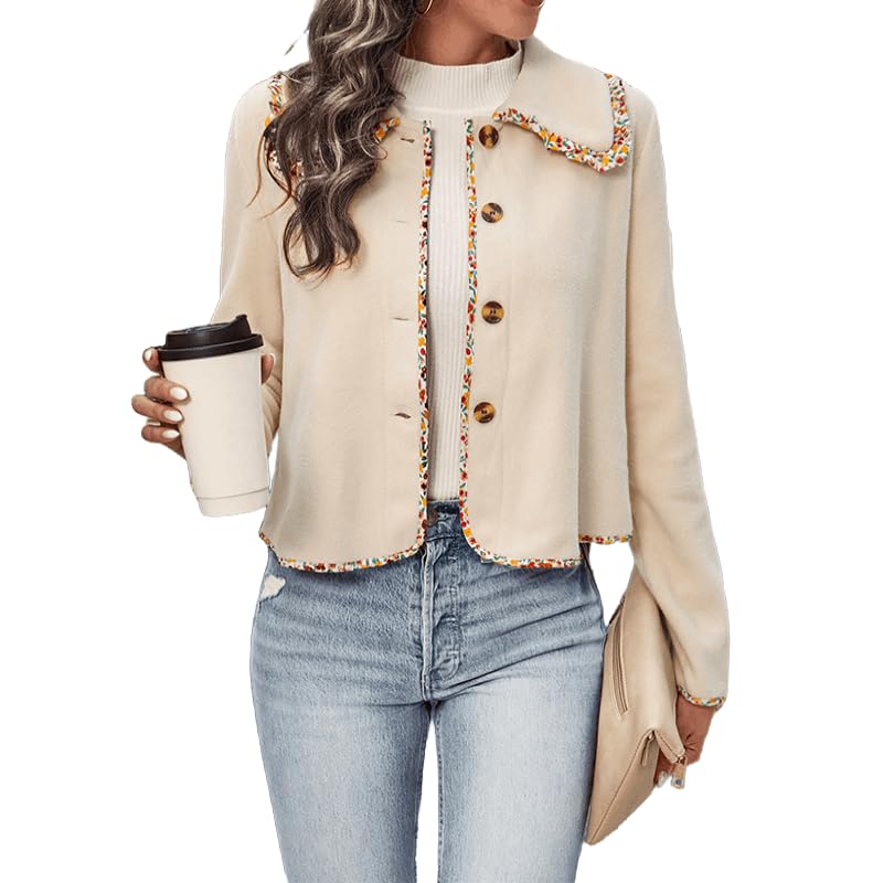 Womens Fleece Cropped Jacket Coat Button Long Sleeve Doll Collar Floral Trim Lightweight Shacket Outerwear